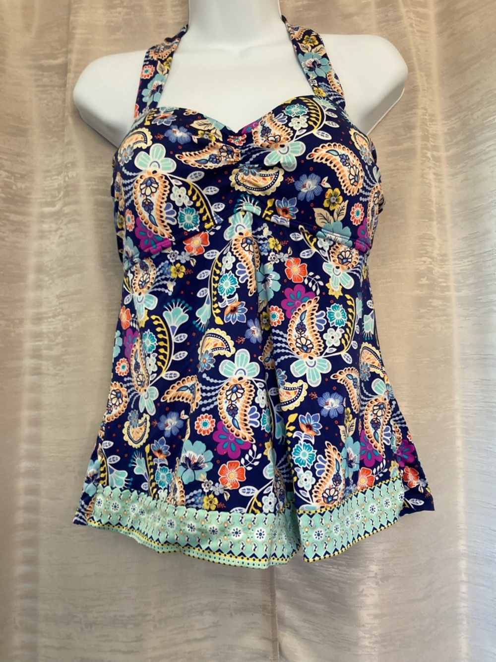 Liz Claiborne Navy Floral Paisley Halter Tankini Top Swimwear size 14